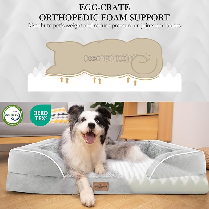 Comfort Expression Orthopedic Dog Bed for Small Dogs 24x16 Inch, Waterproof Egg Crate Foam Small Pet Bed with Removable Bolsters, Dog Couch with Washable Cover & Non-Slip Bottom, Grey White