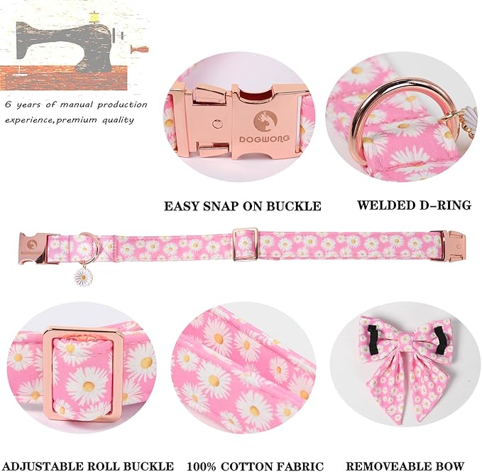 DOGWONG Spring Dog Collar with Sailor Bow, Soft Comfortable Adjustable Cute Pink Daisy Collar Flower Dog Collars for Small Dogs, S