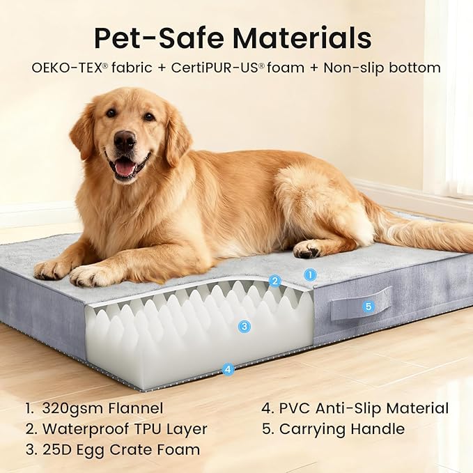 OhGeni Orthopedic Waterproof Dog Bed for Large Dogs, Machine-Washable Removable Cover in Easy-Clean Fabric, High Density Foam & Easy-Carry Handle, Wider and Larger, 44 inch (Gray)