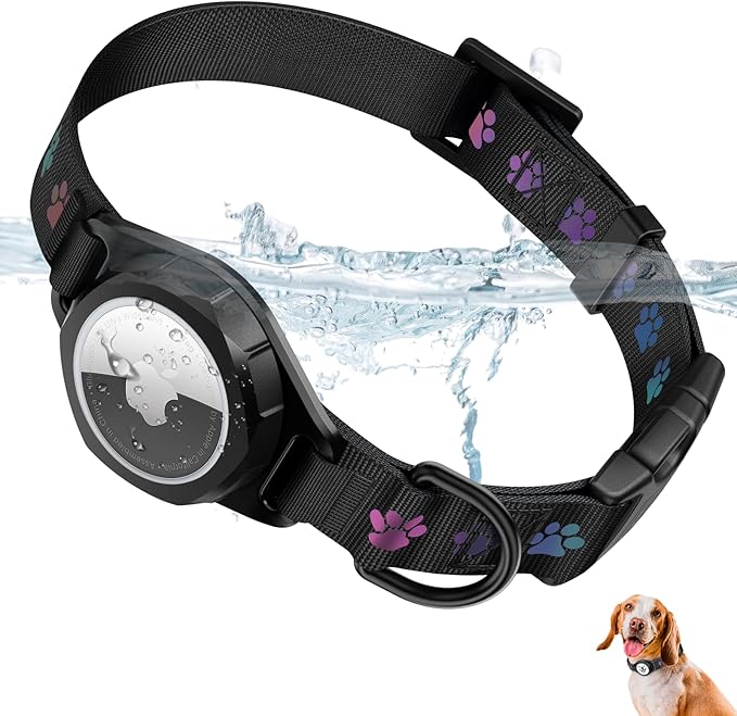 Dog Collar with Airtag Holder, IP67 Waterproof Reflective AirTag Dog Collars for Medium & Large Dogs, Adjustable Pet Collar with Twist-Lock Holder & Green Glow for Night (M, 11.8"-15.9", Black)