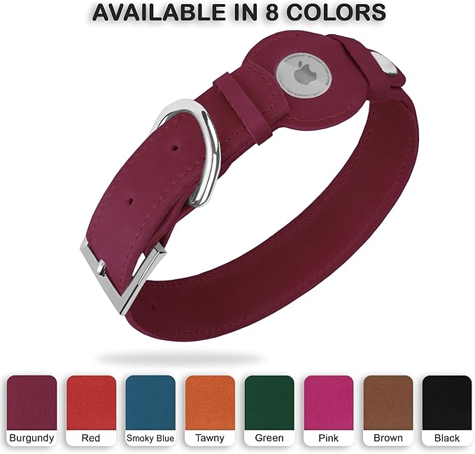 Leather Dog Collar with Airtag Holder - Apple Air Tag Dog Collars - Soft Tracking GPS Pet Collar for Small Medium Large Dogs Breed Puppy (Burgundy, L, 15"-19" Neck Fit)