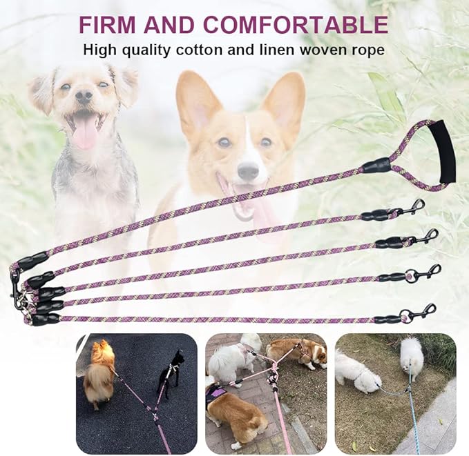 Dual Dog Leash 360° Tangle-Free - Reflective Heavy Duty, Comfortable Handle for Small/Medium/Large Dogs, Support Multiple Rope Addition (Purple 1, Four Leashes)