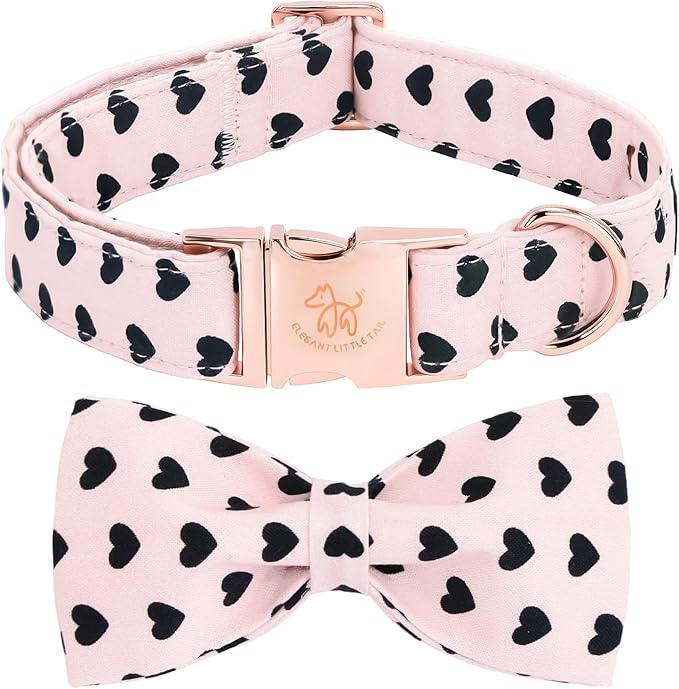 Elegant little tail Valentine's Dog Collar - Pink Black Heart Dog Collars Bowtie Pet Collars with Sturdy Metal Buckle Puppy Adjustable Collar for X-Small Dogs