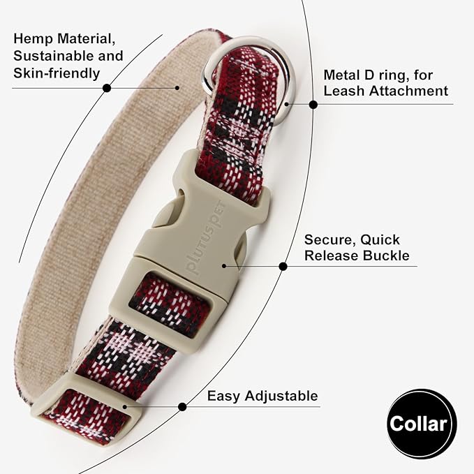 Plutus Pet Cotton Hemp Dog Collar and Leash Set, Adjustable Collar for Small, Medium, and Large Dogs, Heavy Duty and Soft on Skin, Red Plaid, S