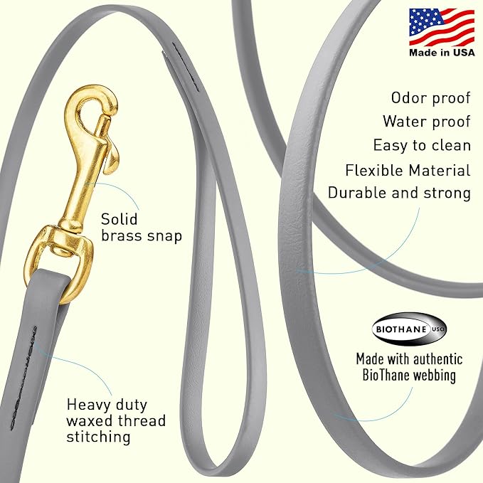 Viper Biothane K9 Working Dog Leash Waterproof Lead for Tracking Training Schutzhund Odor-Proof Long Line with Solid Brass Snap for Puppy Medium and Large Dogs, 33ft Battleship Gray