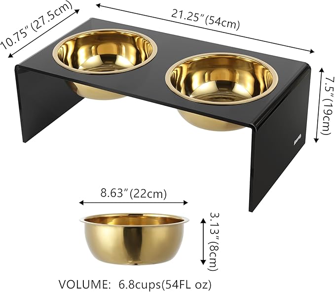The LICKER Store DBL2001B Keaton 7.5" Medium/Large Modern Lucite Rectangular Elevated Pet Feeder with 54oz 2-Stainless Steel Bowls, Black/Gold