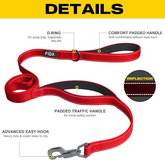 Fida 4 FT Heavy Duty Dog Leash with 2 Comfortable Padded Handles, Traffic Handle & Advanced Easy Snap Hook, Reflective Walking Lead for Large, Medium & Small Breed Dogs, Red