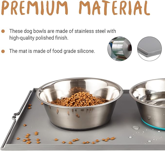 PEGGY11 Deep Stainless Steel Anti-Slip Dog Bowls with Silicone Mat - 2 Bowls + Mat, 2 Cups