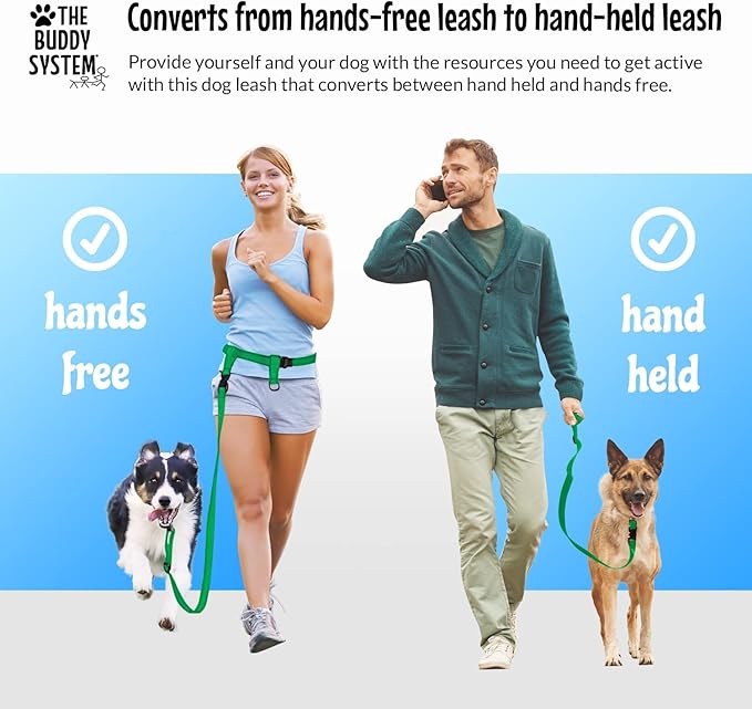 The Buddy System Hands Free Dog Leash, Adjustable Leash for Running, Jogging, Training and Service Dogs, Great for Small, Medium and Large Dogs, Made in USA (Green, Large Belt (27"- 50" Waist))