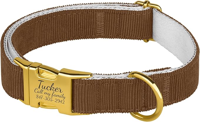 Personalized Dog Collar with Gold Metal Buckle, Velvet Custom Dog Collars for Small, Medium & Large Dogs – Puppy Collars with Metal Buckle, 4 Sizes, 8 Colors (Brown, S, 9"-12"