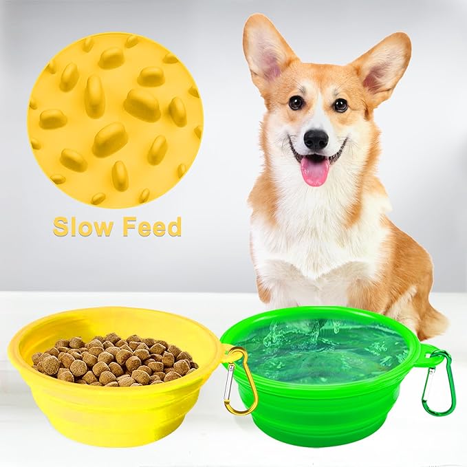 Small Collapsible Dog Bowls (12oz), 1 Pack Pet Travel Foldable Bowl and Slow Feeding Frisbee with Carabiners, Healthy, Soft Silicone, Portable Essential Set for Walking, Travel, and Hiking (Yellow)