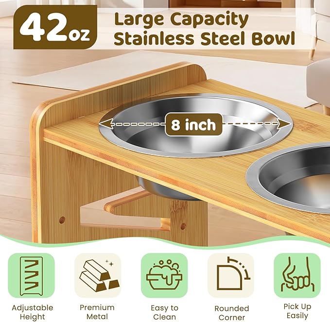 Elevated Dog Bowls, Adjustable Raised Dog Bowl Stand for Large and Medium Pet, 15" High Bamboo Pet Food Feeder with 2 Stainless Steel Dishes（6 Height）