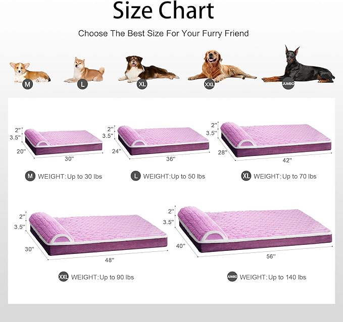 Orthopedic Dog Bed Large Sized Dog with Pillow 36''X24'', Waterproof Soft Comfortable Egg Crate Foam Pet Crate Beds Mat with Removable Washable Cover and Non-Slip Bottom, Lilac