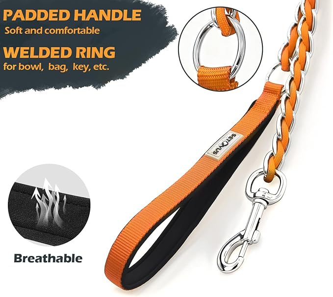 Chain Dog Leash Chew Proof Metal Leash for Medium Large Dogs, Chain Link Dog Anti Chew 5.2FT / 4FT Strong Anti Bite Comfortable Soft Padded Handle (Orange, 4FT(80-150lb))