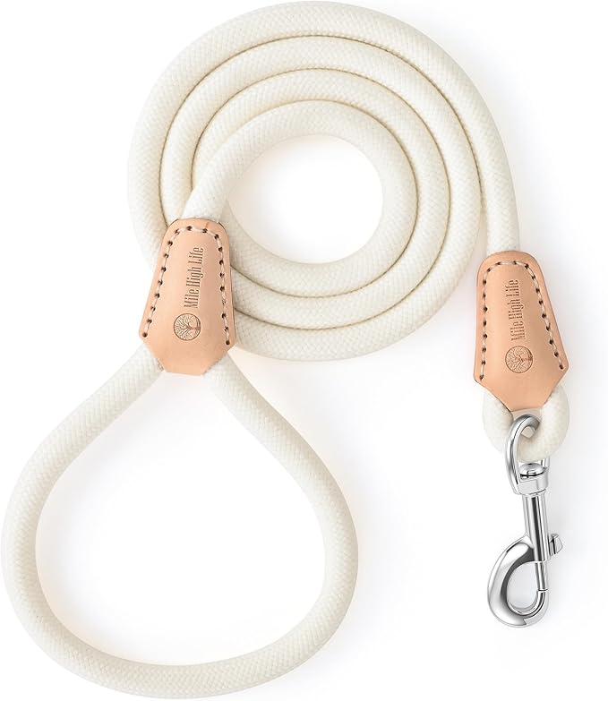 Mile High Life Dog Leash, Rope Leash with Genuine Leather Connection and Heavy Duty Metal Clasp, Great for Small Medium Large Dogs(Cream White,60 Inch)
