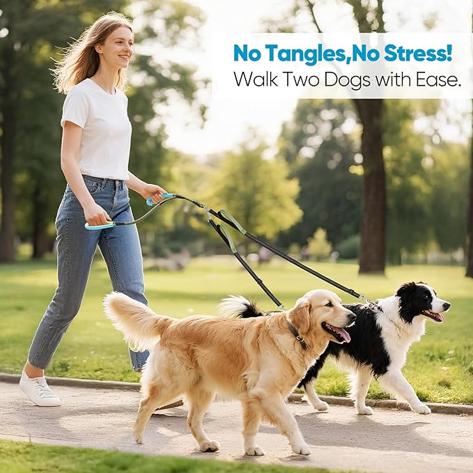 XiaZ Double Dog Leash for Two Dogs, Dual Dog Leash with Tangle-Free Swivel & 4 Comfortable Handles, Highly Reflective Three Point Control Dog Leash for Small Medium Dogs, 3/8”ArmyGreen