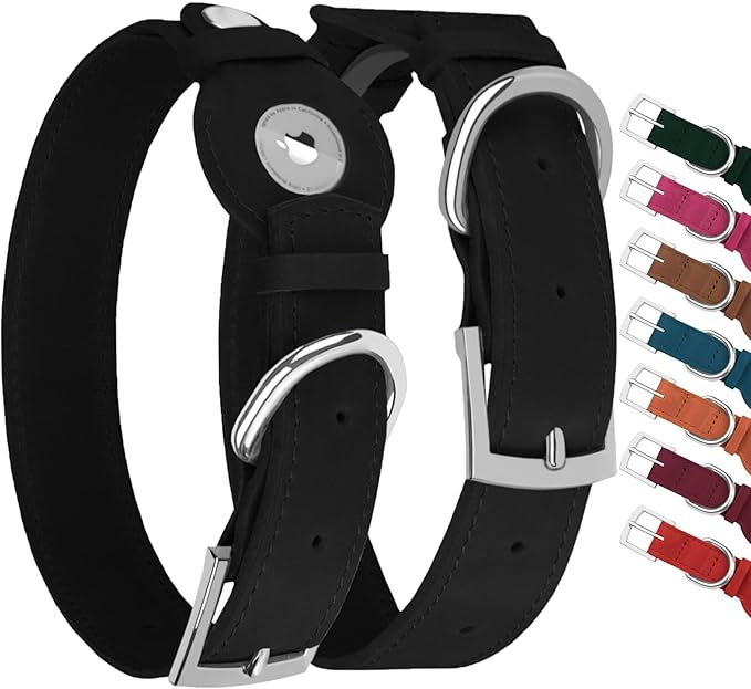 Leather Dog Collar with Airtag Holder - Apple Air Tag Dog Collars - Soft Tracking GPS Pet Collar for Small Medium Large Dogs Breed Puppy (Black, M, 12"-15" Neck Fit)