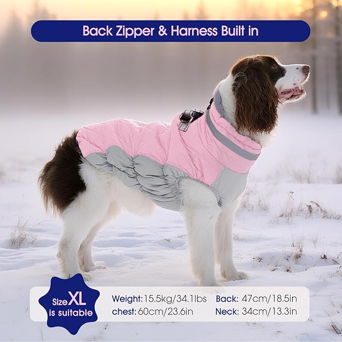 FUAMEY Dog Coat for Large Dogs,Waterproof Dog Winter Jacket with Harness Built in Puppy Cold Weather Coats Reflective Pet Vest with Zipper Warm Fleece Dogs Snowsuit Windproof Pink 3XL