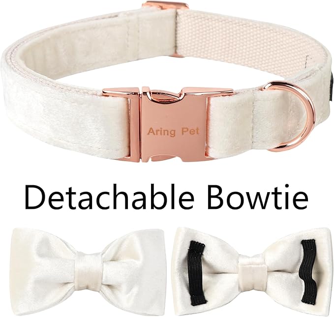 ARING PET Bowtie Dog Collar-Velvet Dog Collars with Detachable Bowtie, White Wedding Soft Dog Collar,Large.