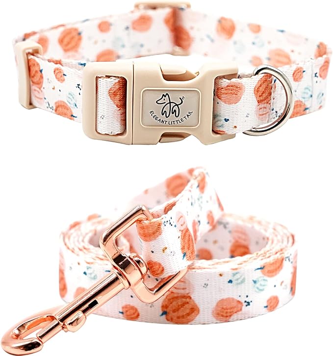 Elegant little tail Dog Collar with Leash, Pumpkin Print Pet Collar Leash Adjustable Collar for Small Medium Large Dogs Soft Puppy Collars with Quick Release Buckle Girl Boy Dog Collars