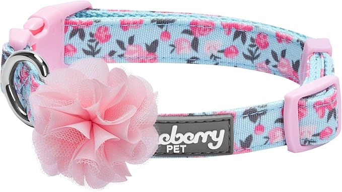 Blueberry Pet Made Well Cute Floral Print Adjustable Dog Collar in Light Blue with Pink Artificial Silk Flower, Medium, Neck 14.5"-20"