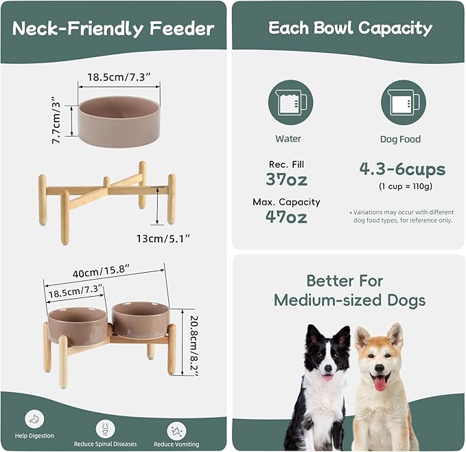 Ceramic 7.3inch Raised Double Bowls Set with Wooden Stand, Food & Water Bowls for Medium Breed Dogs, Weighted Dog Dishes, Pet Feeder(Brown Coffee)