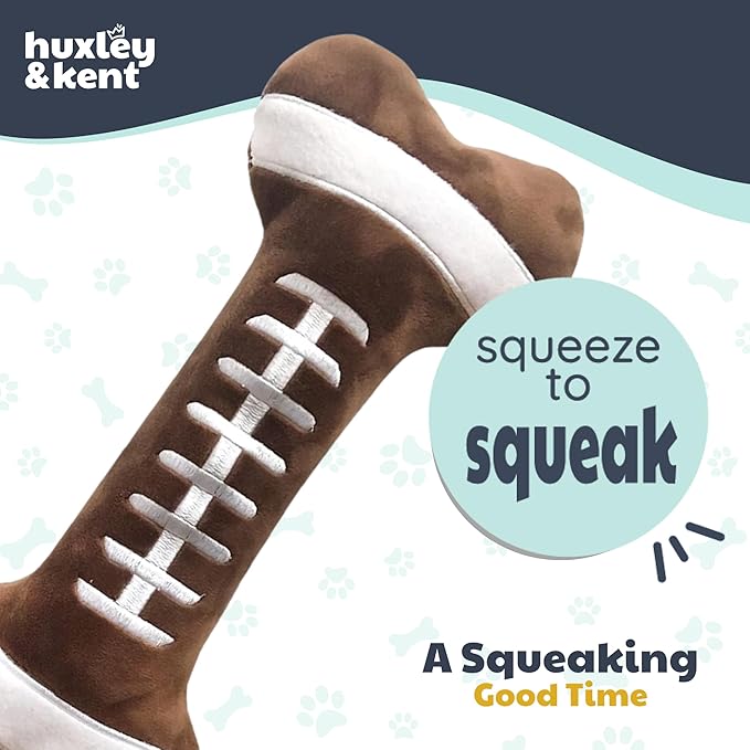 Huxley & Kent Funny Dog Toy w/Squeaker – Power Plush Squeaky Dog Toys for Small, Medium & Large Dogs – Soft Stuffed Animal for Indoor Play & Fetch - Football Bone, Large