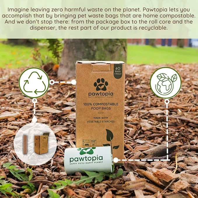 Pawtopia Biodegradable Dog Poop Bags, 60 Count, Certified Home Compostable, Leak-Proof, Easy Open, Standard Size, Supports Sustainable Living