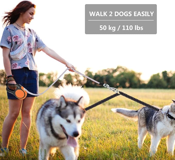 Dual Retractable Dog Leash Small Breed (Up to 110 Lbs Each) - Double Headed 16 ft Extendable Pet Leash with Poop Bags, Reflective Elastic Rope - One Key Control, 360° Tangle-Free (Orange, Large)