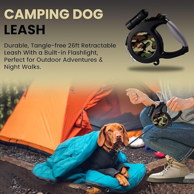 Camo Dog Leash - 26ft Retractable with Flashlight - Medium to Large Dogs