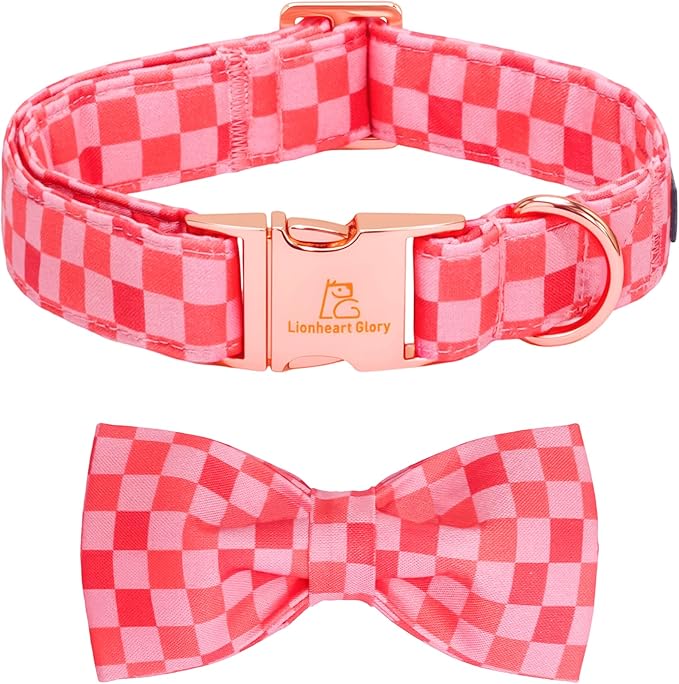 Lionheart glory Dog Bow Collar - Soft Dog Collar with Bowtie Adjustable Sturdy Pink Plaid Collars for X-Small Dogs Puppy Checkered Cute Pet Collars Spring Holiday