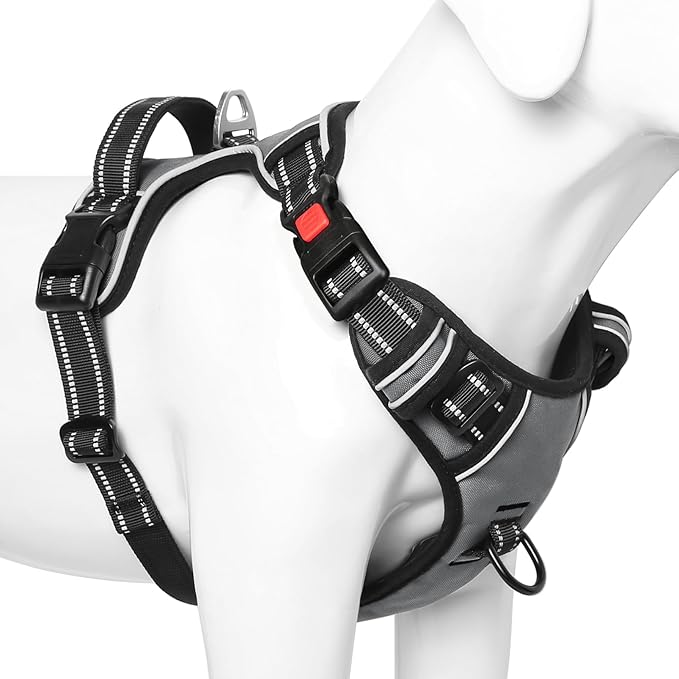 Timos Dog Harness Large Sized, No Pull with Neck Lockable Snap,No Choke Front Clip Dog Reflective Harness,Adjustable Metal Rings 3 Buckles,Easy Control Handle for Large Dogs Gray L
