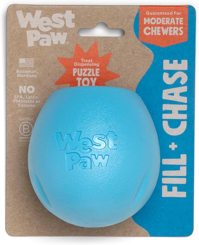 WEST PAW Zogoflex Rumbl Treat-Dispensing Dog Toy – Interactive Slow-Feeder Chew – Enrichment Toy Moderate Chewers, Fetch, Catch – Holds Kibble, (Aqua Blue, Large)