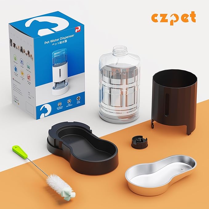 CZPET Dog Water Bowl Dispenser, 7L Automatic Dog and Cat Water Dispenser with Stainless Steel Bowl, Gravity Waterer, Large Capacity, and Quiet Drinking Area for Pets (7L,Black)