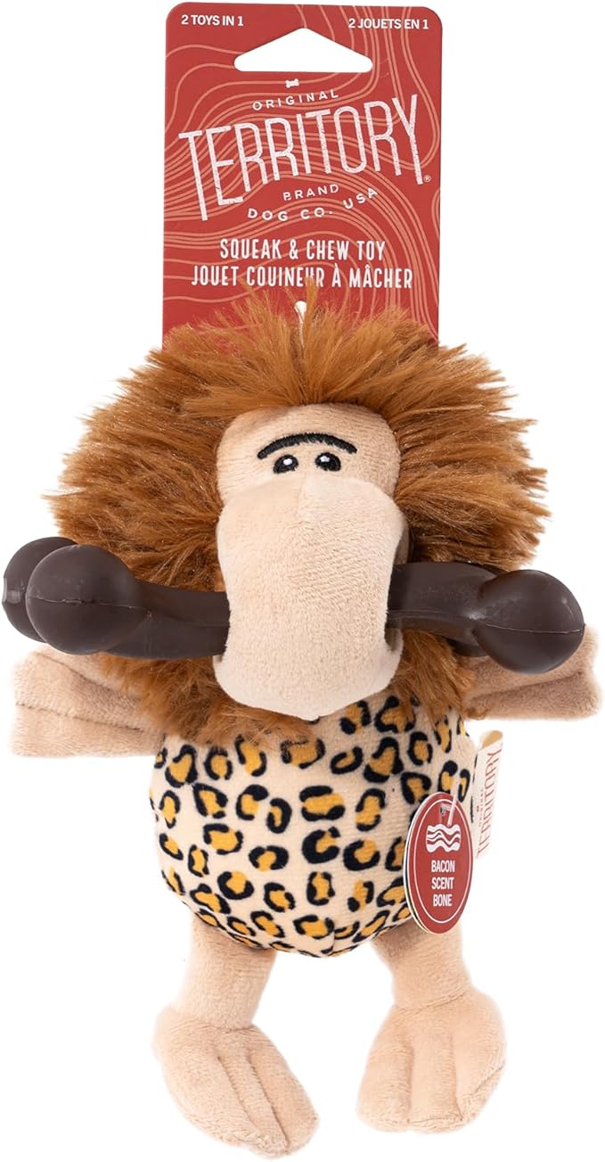 Territory Caveman 2-in-1 Chew Bone Dog Toy – Plush Squeaker & Removable Nylon Bone with Bacon Scent – Interactive Chew, Fetch & Search-and-Find Fun for Dogs – 6” Durable, Recycled Materials