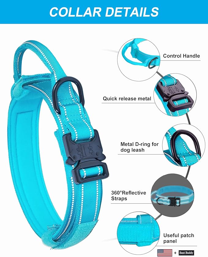 AUBELL Reflective Tactical Dog Collar,Adjustable Military Heavy Duty K9 Collars with Handle and Quick Release Metal Buckle Great for Extra Large Dogs, with Airtag Case and 2 Patches (Blue,XL)