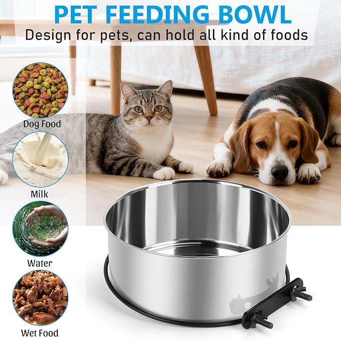 Dog Kennel Water Bowl Hanging, ShineMe 2 Pack 34oz & 25oz Nonslip Stainless Steel Dog & Cat Food and Water Feeder Bowls Mounts to Wire Crates Cages Kennels