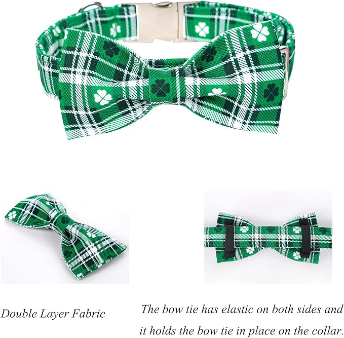 Lionet Paws St Patricks Day Dog Collar with Bowtie, Irish Green Shamrock Clover Bowtie Collar with Metal Buckle for Dogs Girl Boy, L, Neck 16-24 in