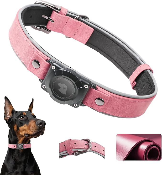 Leather AirTag Dog Collar - IPX8 Waterproof Dog Collar with AirTag Holder|Reflective, High - End, Adjustable Soft Padded |Dog GPS Collar Tracker Fit for Medium Large Dogs (Pink, XL)