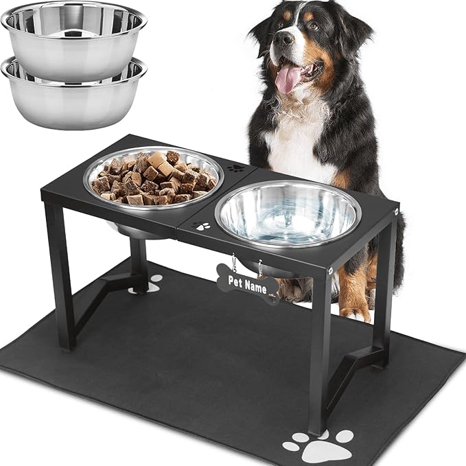 Elevated Dog Bowls, Metal Raised Dog Bowl Stand with Two Thick 111oz Capacity Stainless Steel Food Bowls & Non-Slip Mat - 14" Tall for Large/Extra Large Breeds