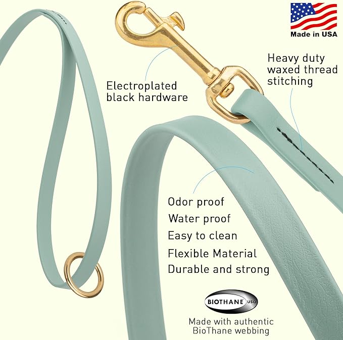 Viper Biothane K9 Working Dog Leash Waterproof Lead for Tracking Training Schutzhund Odor-Proof Long Line with Solid Brass Snap for Puppy Medium and Large Dogs 6ft, Sage Green