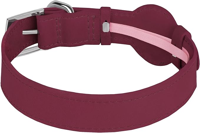 Leather Dog Collar with Airtag Holder - Apple Air Tag Dog Collars - Soft Tracking GPS Pet Collar for Small Medium Large Dogs Breed Puppy (Burgundy, S, 9"-12" Neck Fit)