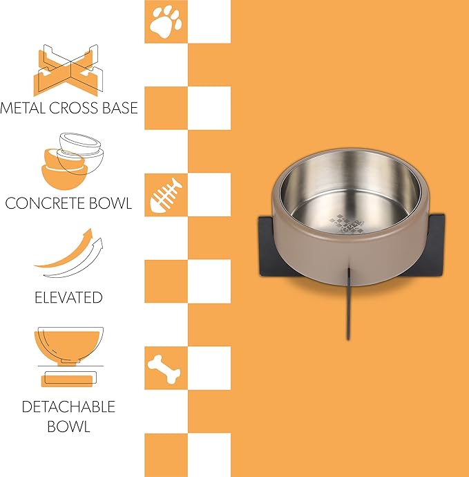 DBL3000G Intersecta Small/Medium Concrete and Stainless Steel Bowl 16oz (2 Cups) with Metal Stand Pet Feeder, Brown/Black