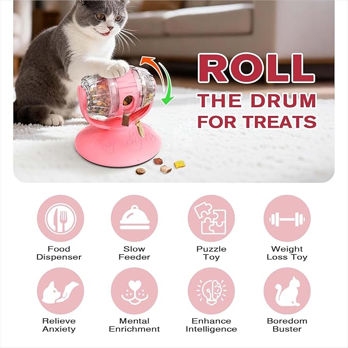 Cat Roll Feeder, Interactive Cat Toy & Dog Toys, Treat Dispenser for Indoor Cats, Small Dogs, Puppies, Slow Feeder, Enrichment Toy for IQ Training, Mental Stimulation, Relieve Boredom, Gifts (Pink)