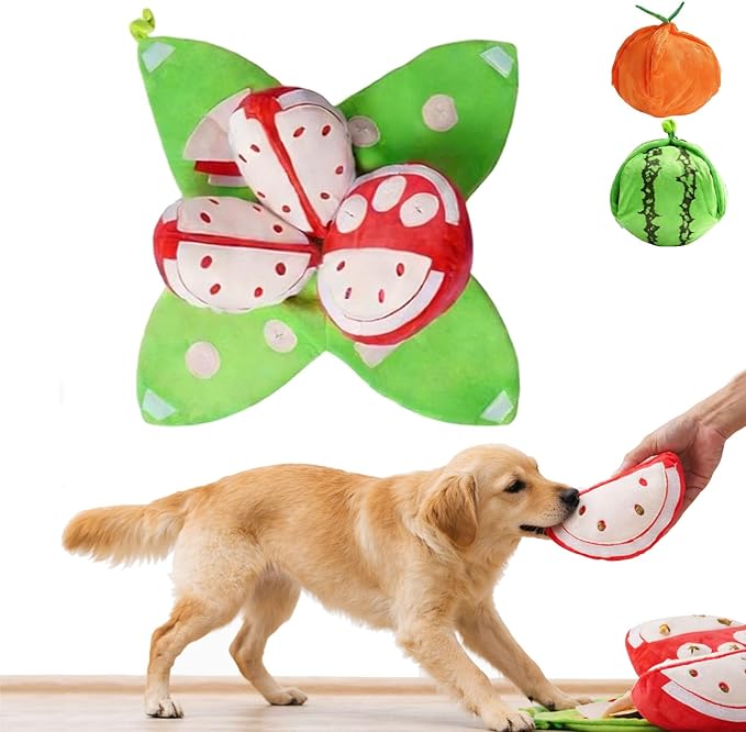 Orange Hide and Seek Plush Dog Toy, Easy to Clean Watermelon Snuffle Toy, Nosework Pet Toys with Crinkle Paper, Interactive Puzzle Toys for Small, Medium & Large Dogs (Watermelon)