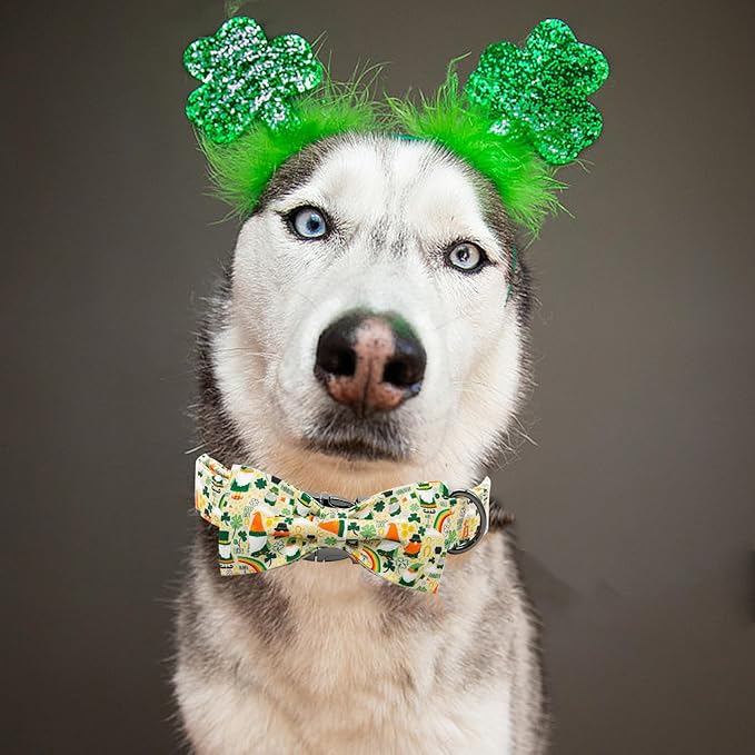 Elegant little tail St. Patrick's Dog Collar, Green Clover Print Sturdy Soft Dog Collars Pet Gift Puppy Bowtie Adjustable Pet Collars for X-Small Dogs
