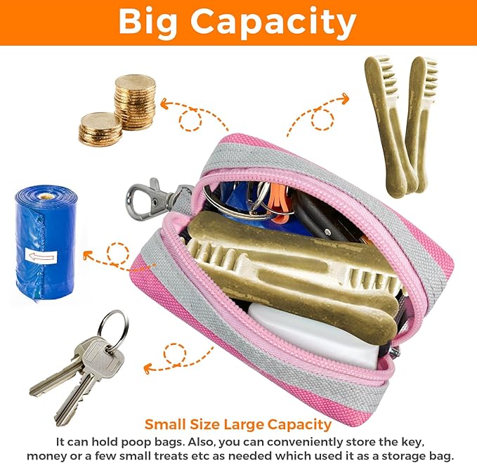 Dog Poop Bag Holder Zippered Pouch, Portable Dog Poop Bag Dispenser with 1 Metal Clip, Fashion Color Matching Canvas Waste Bag Holder for Leashes - Pink