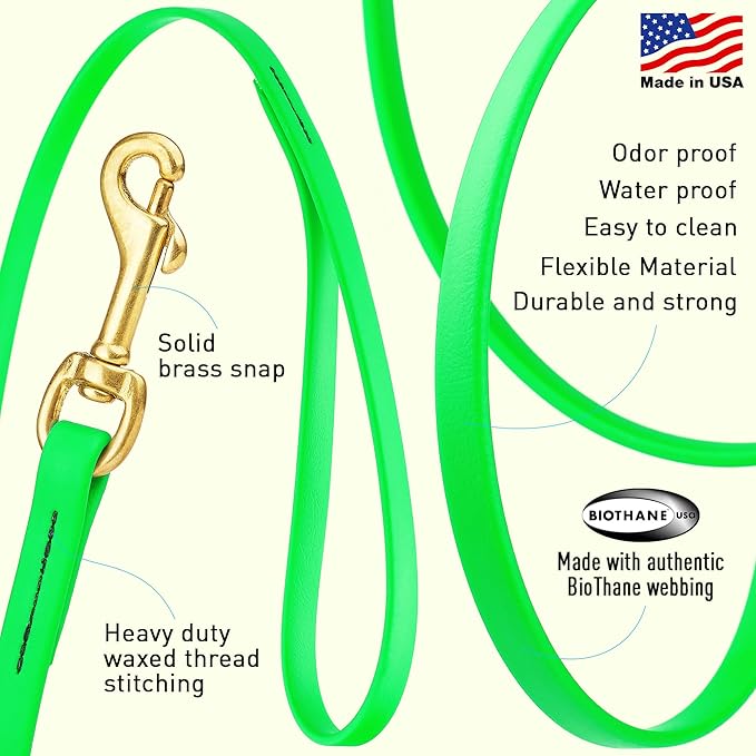 Viper K9 Biothane Working Dog Leash Waterproof Lead for Tracking Training Schutzhund Dog Sport & Search - Odor-Proof Long Line with Solid Brass Snap for Puppy Medium Large 3/8" x 15ft Tropical Green
