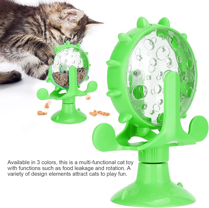 GLOGLOW Cat Food Leakage Toy, Windmill Treat Dispensing Cat Puzzle Food Interactive Toy Kitten Slow Feeder Snacks Distribution with Powerful Suction Cup(Green)