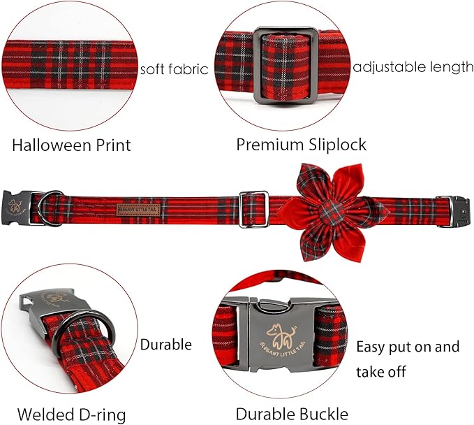 Elegant Little Tail Dog Collar with Flower & Plaid Pattern - Adjustable for Medium Dogs